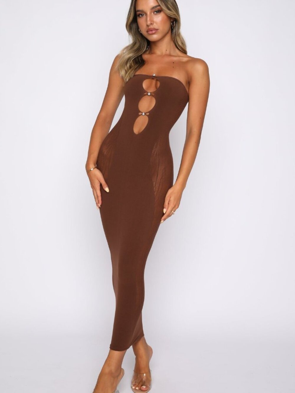 Whitefox Chocolate Brown Rhinestone Cutout Bodycon Midi Dress